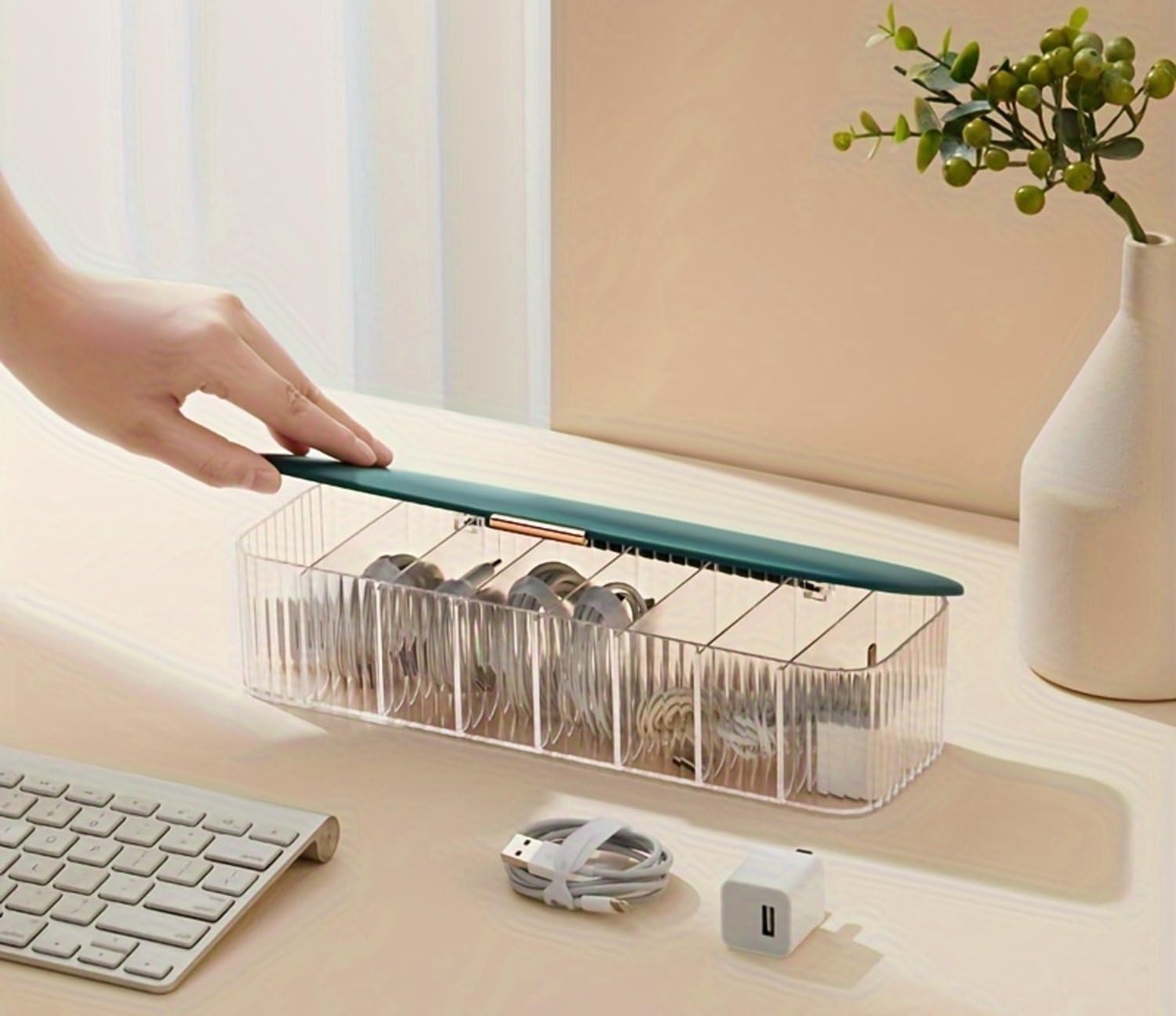 Soko Nordic Data Cable Organizer Box, 8 Compartments Table Top Desk Management, Storage Tray for Home & Office - Charger, Electronic Accessories, Jewellery, Wires, SD Card, USB, Stationary - Green