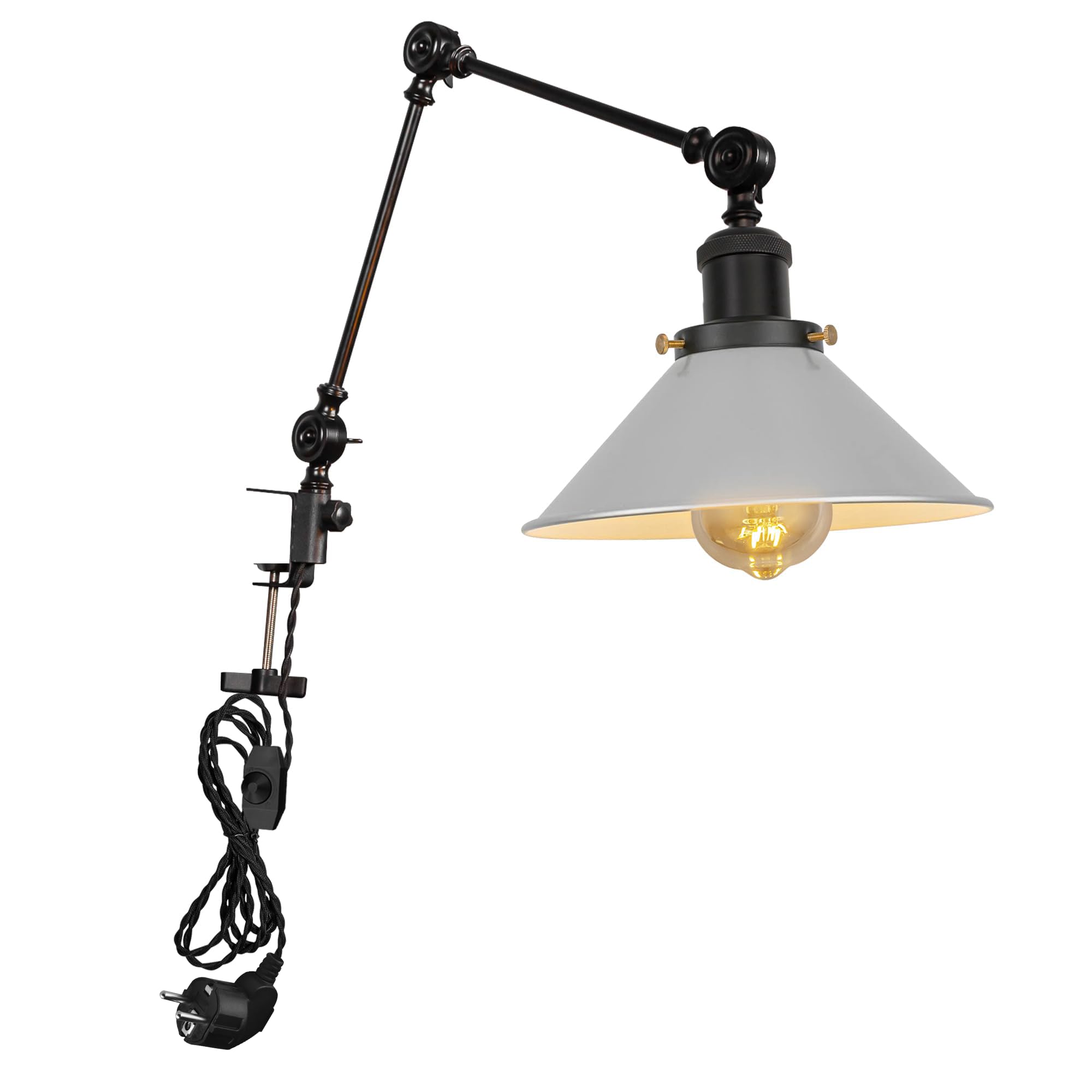 BD0173-SL - Lampada a morsetto industriale con 2,5 cavi interruttori, clip regolabile su lampada da lettura, dimmerabile, con braccio flessibile, per scrivania, comodino, scaffale, colore