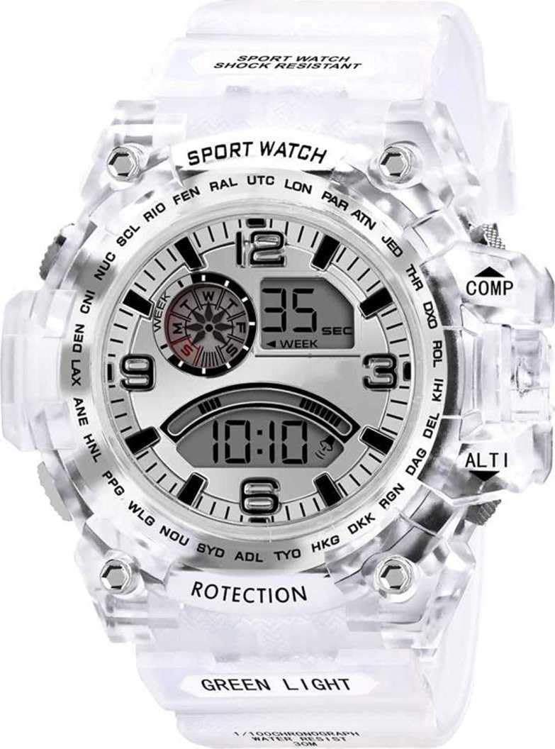 A Digital Watch Shockproof Multi-Functional Automatic Black Dial White Strap Waterproof Digital Sports Watch for Men's((105 White_bzr)-image-10