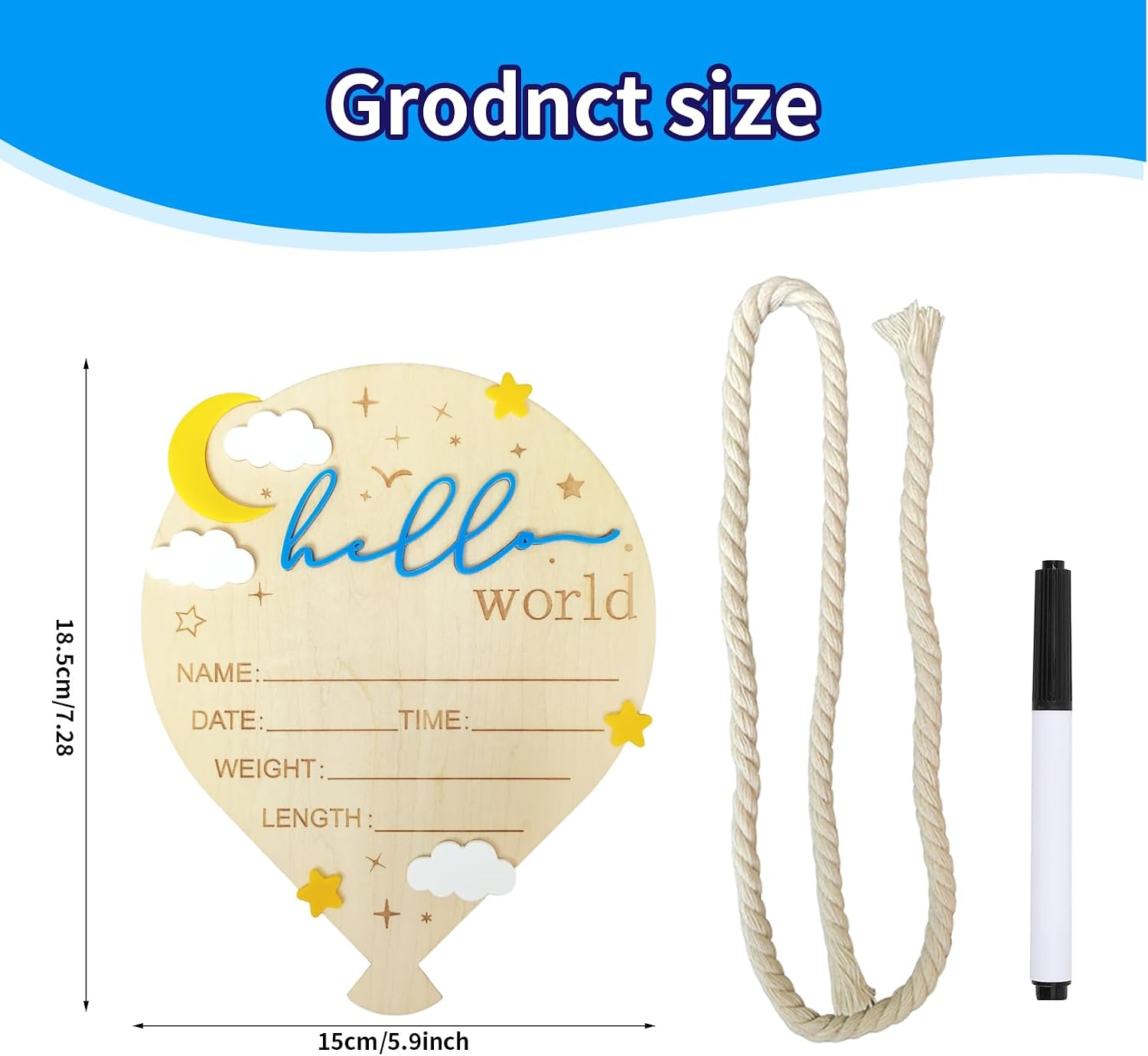 Baby Announcement Sign, ​5.9 Inch Wooden Hello World Newborn Signs, Birth Announcement Sign, Hot Air Balloon and Moon Decoration, Welcome Newborn Arrival to World, Hospital Nursery for Baby (Navy) image 2