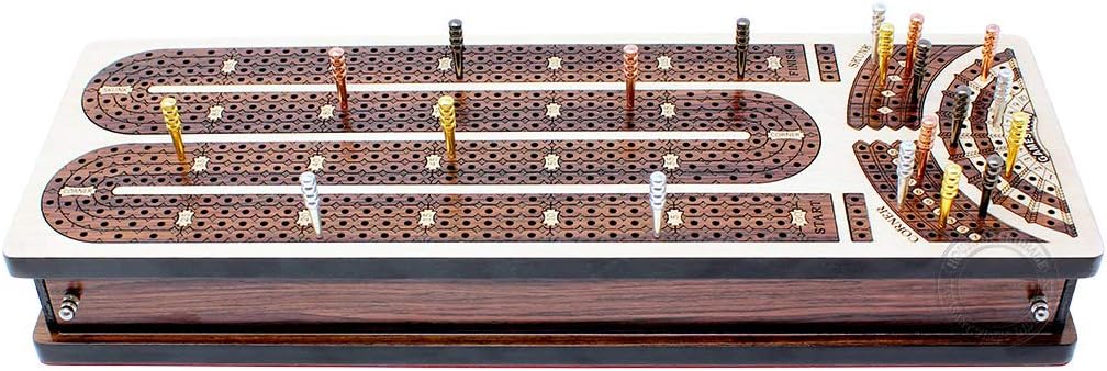 House of Cribbage - Continuous Cribbage Board/Box Inlaid in Maple/Rosewood : 4 Track - Side Drawers with Score Marking Fields for Skunks, Corners and Won Games