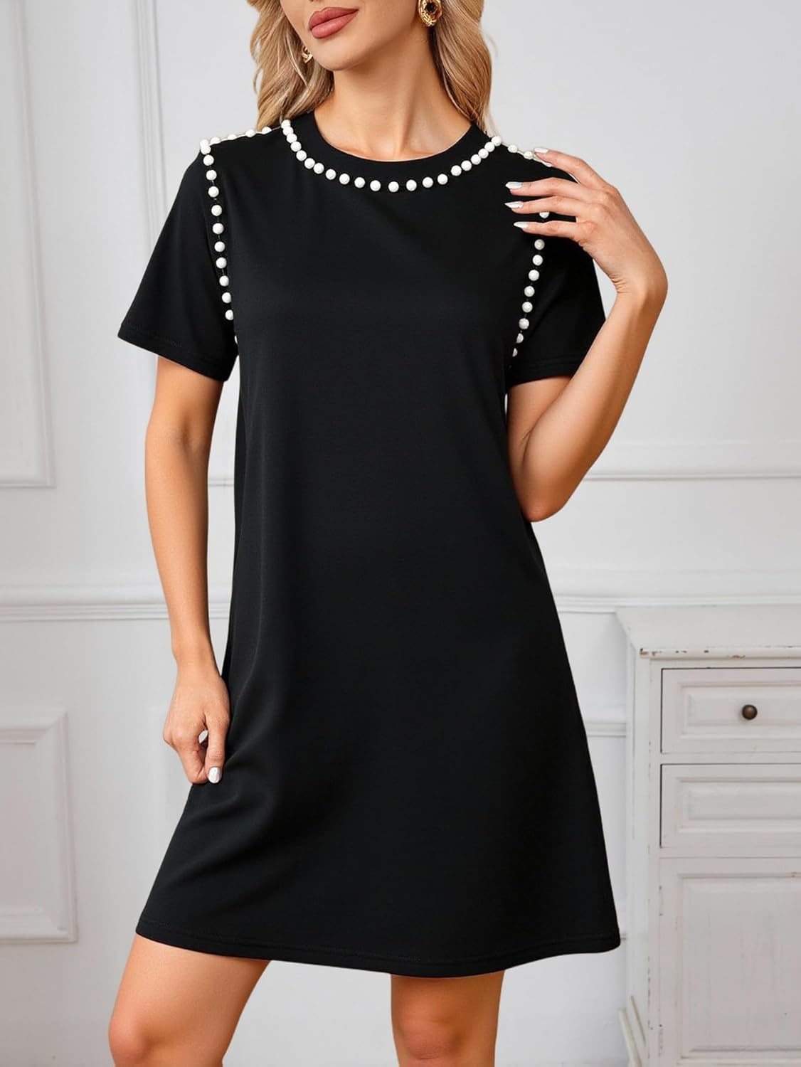 Women's Pearl Mini Tshirt Dress Summer Short Sleeve Crew Neck Elegant Casual Shift Dresses - Image 3