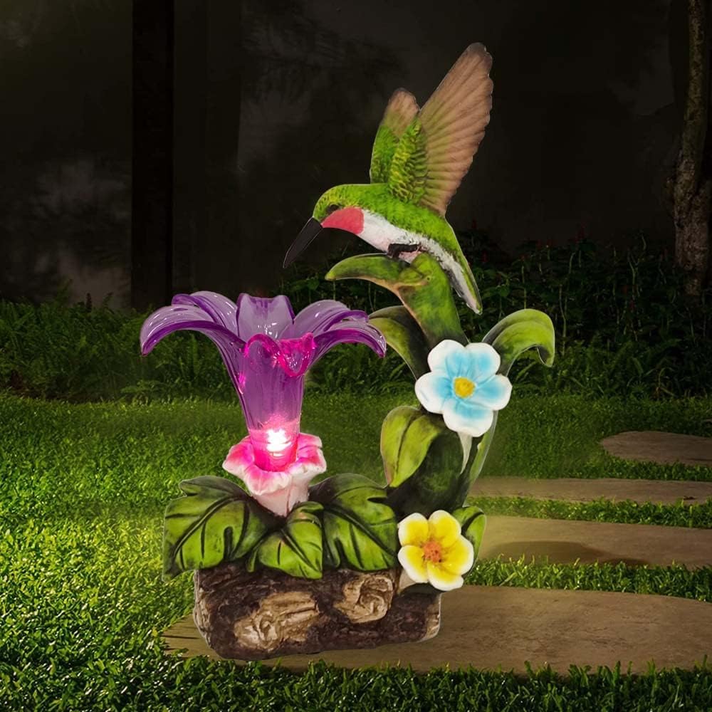 Eletina Resin Hummingbird Solar Light with Flower Garden Decorations,Waterproof Statues and Figurines Light Garden Art for Patio Lawn Yard Decorations (Resin Hummingbird Solar1)