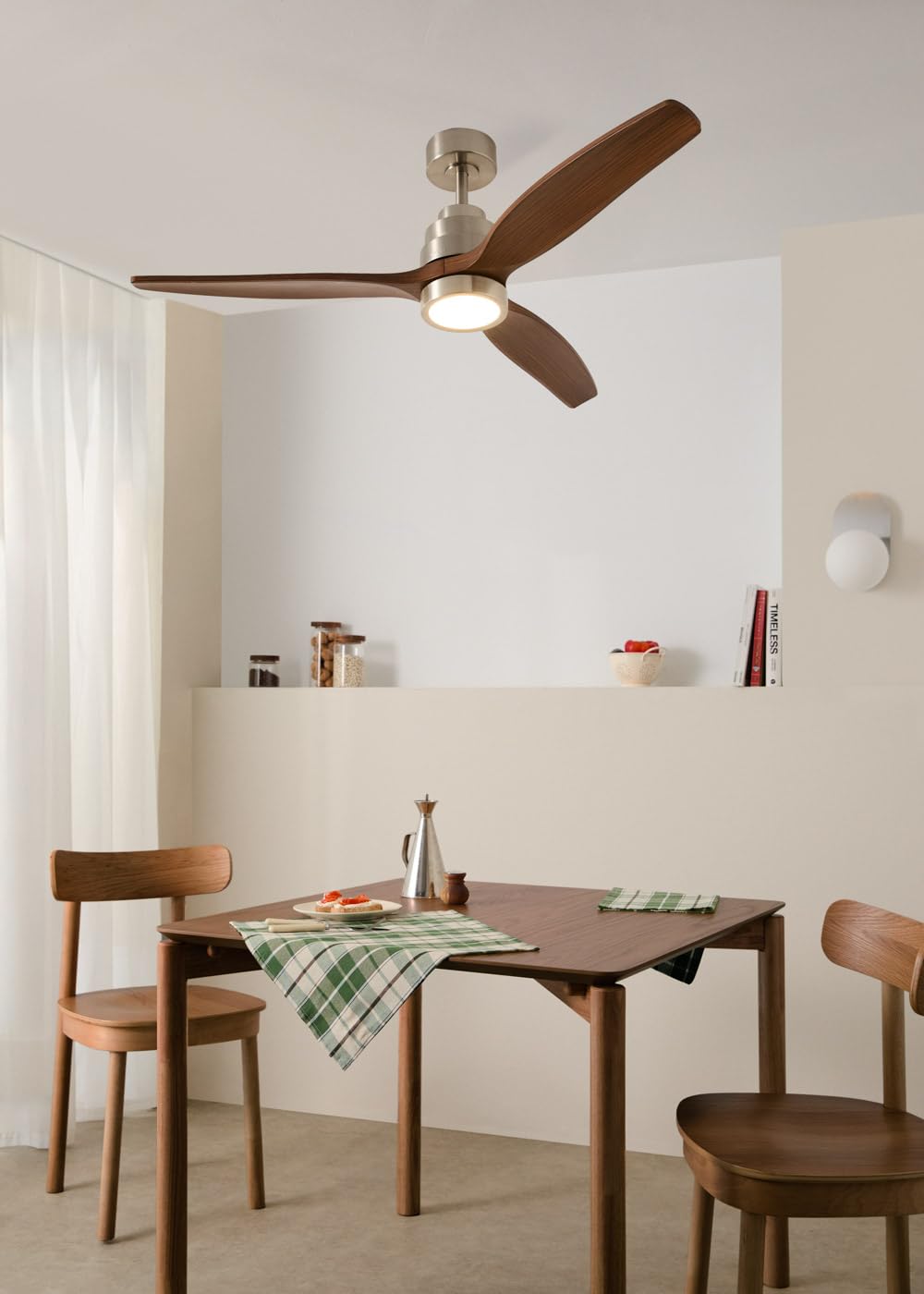 CREATE / WINDSTYLANCE M/Ventilador de techo ABS con luz níquel aspas efecto madera oscura con controlador y mando / 40W, Temporizador, Ø132 cm, 6 velocidades, verano-invierno, doble altura