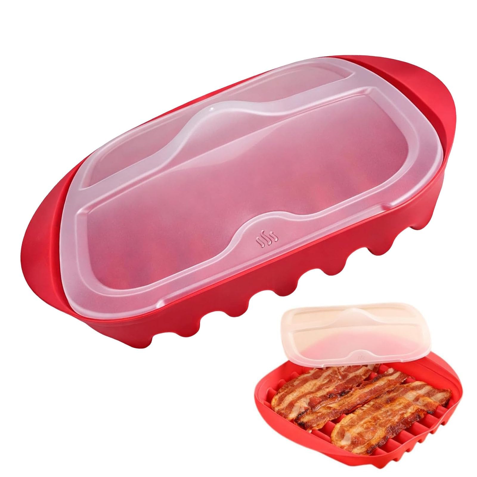 QhgPnt Microwave Bacon Cooker with Lid, Reusable Food Grade Splatter Proof Bacon Maker, Splatter Proof Bacons Maker for Quick Breakfast Preparation, Home Kitchen Microwave Bacons Crisper Tray(Red)