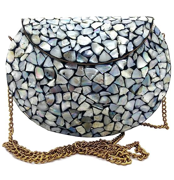 Women/Girls Bridal metal Sea shell clutch party sling bag Ethnic Indian Handmade mosaic metal bag Silver-image-11