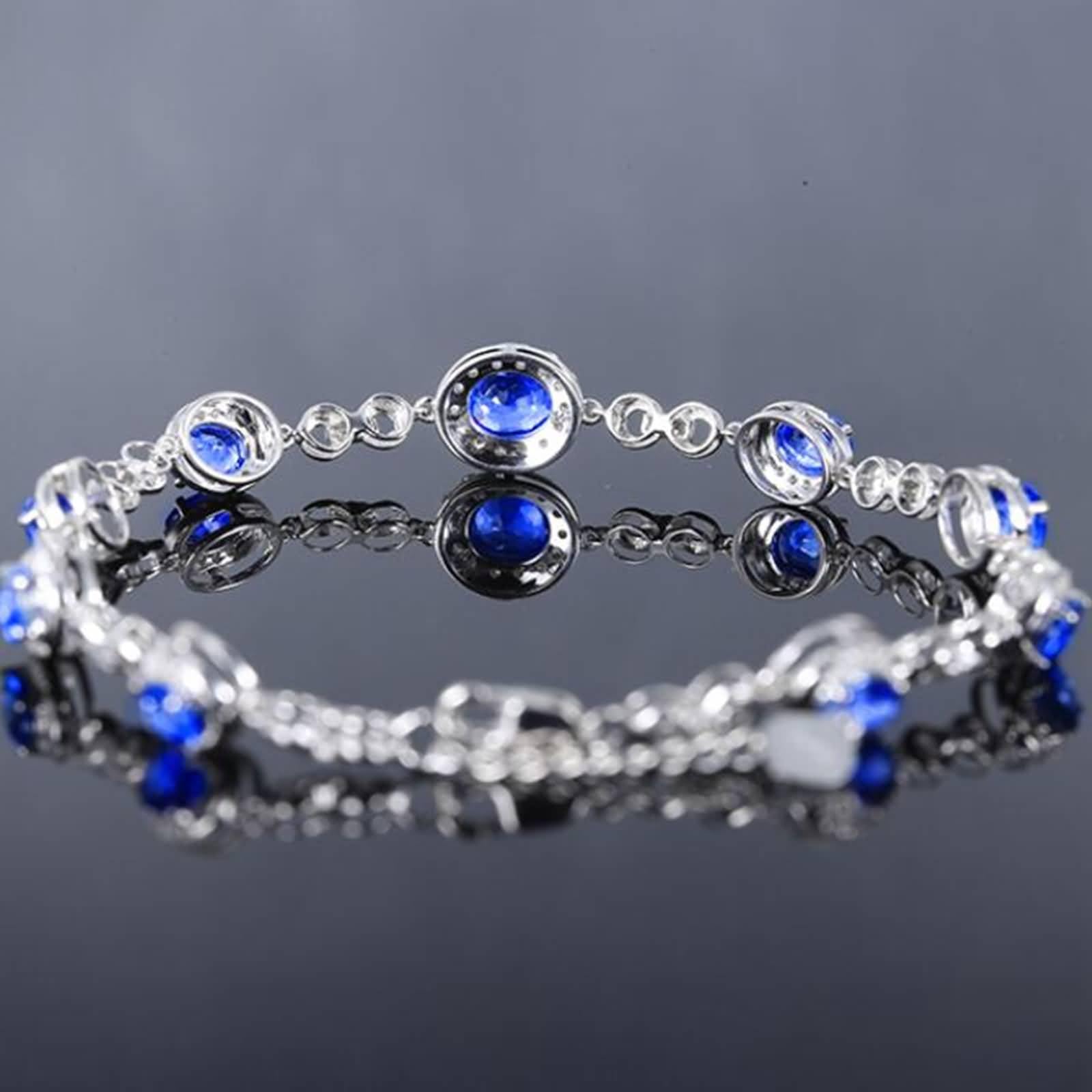 Pulseras de oro de 18 quilates para mujer, pulsera de cadena de eslabones de oro blanco con zafiro azul creado en laboratorio de 4,22 quilates y moissanita de 0,462 quilates, No es una piedra