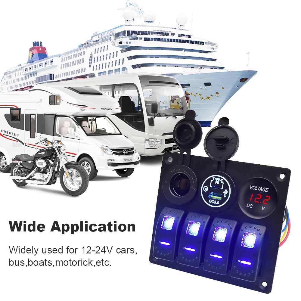 Marine Waterproof Boat Switch Panel Aluminium Panel with 12V Voltmeter Type-C and QC3.0 USB Charging Socket Rocker Witch Panel for Car Boat
