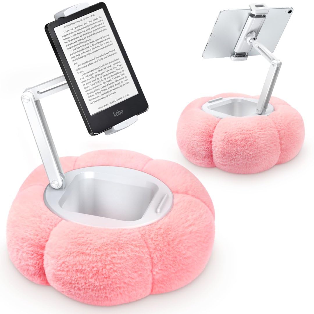 CreaDream Dyniowy uchwyt na poduszkę na tablet Kindle iPad, regulowany stojak na poduszkę na telefon z odpinaną miską na przekąski, kompatybilny z tabletami 11.9 cm-33.0 cm, iPad, iPhone, Samsung Tabs