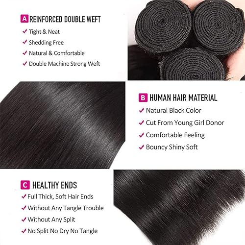 Miniatura 3 de 4 manojos de cabello humano lacio, 100% sin procesar, cabello humano virgen brasileño, lacio, extensiones de cabello humano grado 10A, color natural
