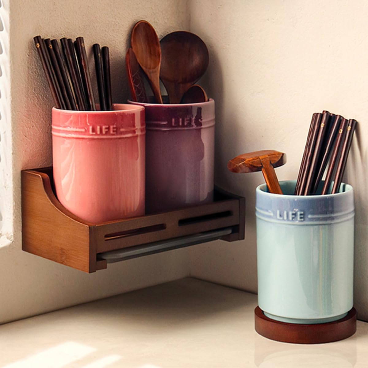 Ceramic Utensil Holder Wall-Mounted Ceramic Colorful Chopstick Holder for Kitchen Counter, Large Utensil Crock Kitchen Decor, Housewarming Gift,Orange