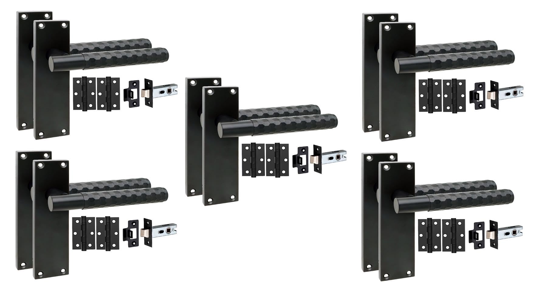 Golden Grace 5 Pairs Victorian Knurled Hex Cut Door Handle Matt Black With 2.5" Latch & Hinges150mm X 40mm from B&Q