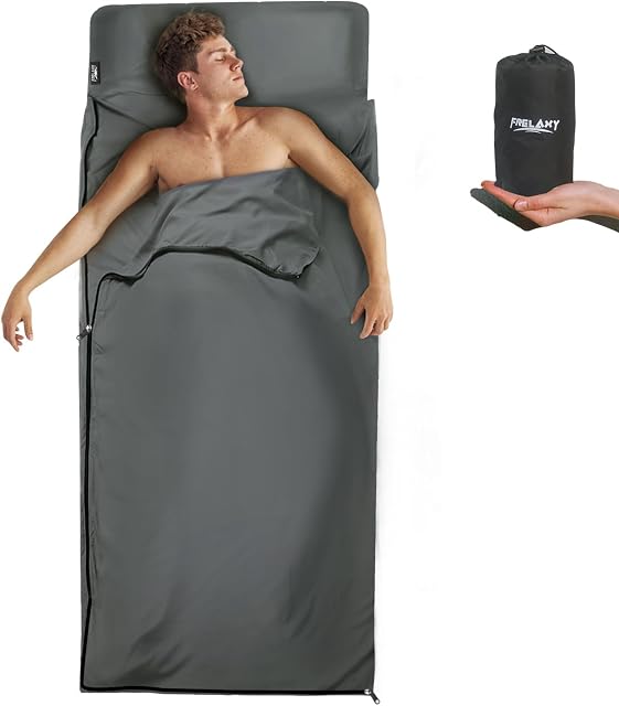 Frelaxy Sleeping Bag Liner, XL Travel Sheet & Camping Sheet for Backpacking, Hotel, Hostels & Traveling, Comfy & Easy Care, Full-Length Zipper/No Zipper, 4 Seasons Warm Cold Weather, Adults & Kids