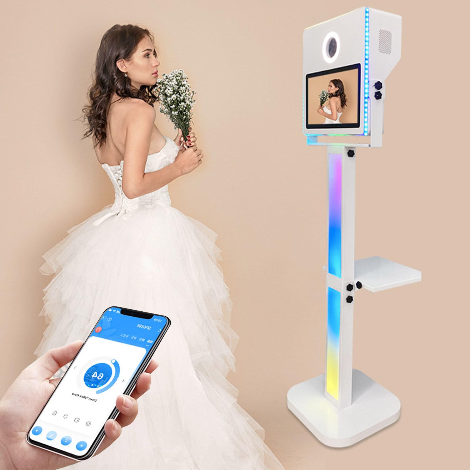 Latested Dslr Photo Booth (15.6'' Touch Screen) + Mini Computer, Fill Light And Flight Case, Selfie Photobooth Machine + Printer Stand, For Parties Wedding Rental Business,White