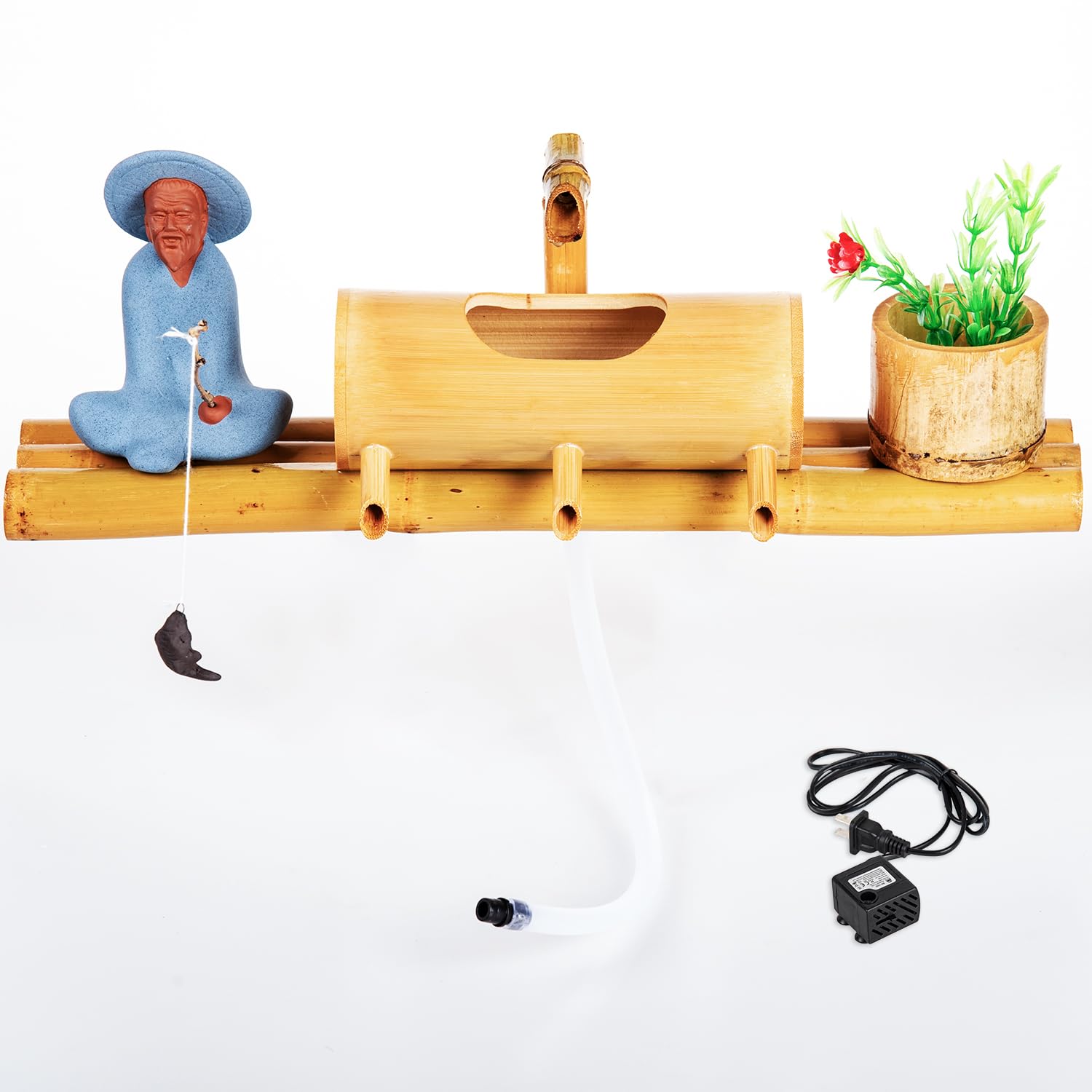 Prefdo Bamboo Water Fountain, Low-Profile Deck Fountain, Indoor Outdoor, 15.7' Wide Three-Arm Base, Natural Bamboo