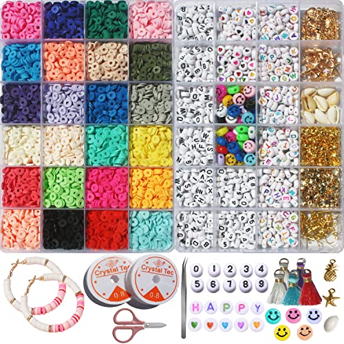 Clay Beads Kit for Bracelets Making, 4800 PCS Flat Heishi Beads , Preppy Disc Beads for Adults and Kids with Smiley Face Beads, Letter Beads, Number Beads, Charms, and all Accessories (24 Colors, 6mm)