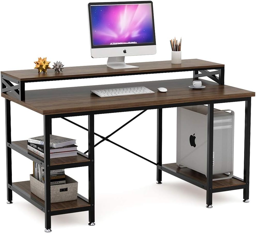 Tribesigns Computer Desk with Storage Shelves, 55 inch Large Modern Office Desk Computer Table Studying Writing Desk Workstation with Hutch for Home Office (Retro Brown)