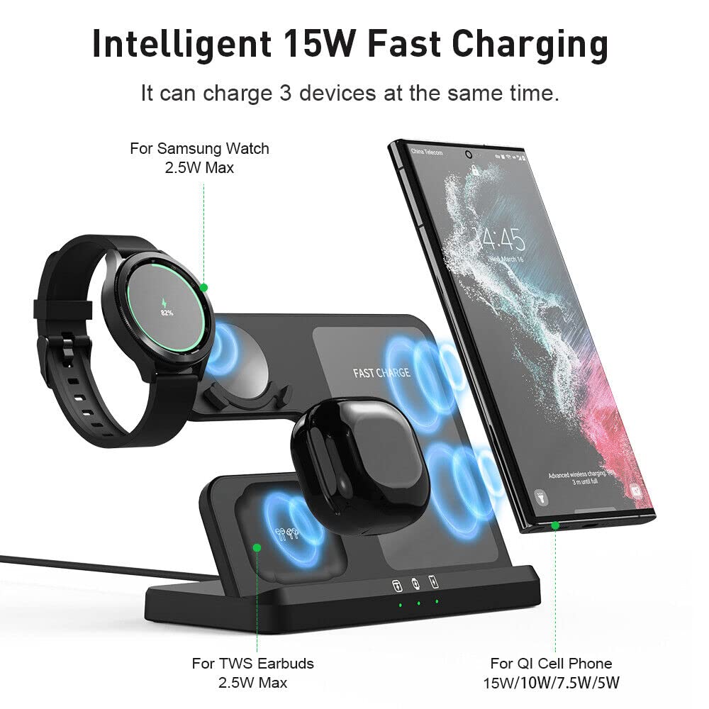 15W 3 in 1 Wireless Charger Dock Charging Station for Galaxy Watch 4/3/Active2