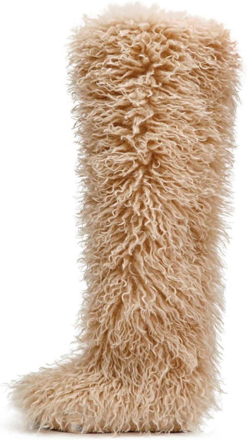 Faux Fur Boots for Women Fuzzy Fluffy Furry Boots Winter Snow Boot Tall Cute Comfort Warm Shoes Soft Wide Calf Knee High Boot