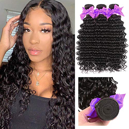 Brazilian Hair Deep Wave 3 Bundles Human Hair Bundles Brazilian Virgin Hair 100% Unprocessed Wet and Wavy Hair Deep Curly Human Hair Extension (20 22 24)