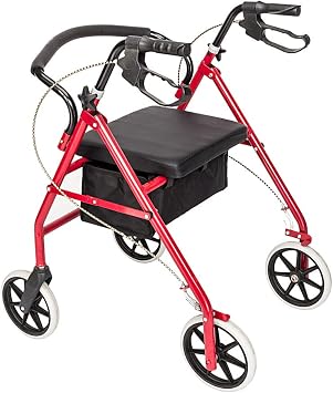 Lightweight Wheel Rollator, Folding Mobility Aids for Elderly Disabled, Four Wheel Mobility Walker Rollator with Padded Seat, Lockable Brakes, Ergonomic Handles and Carry Bag, Red