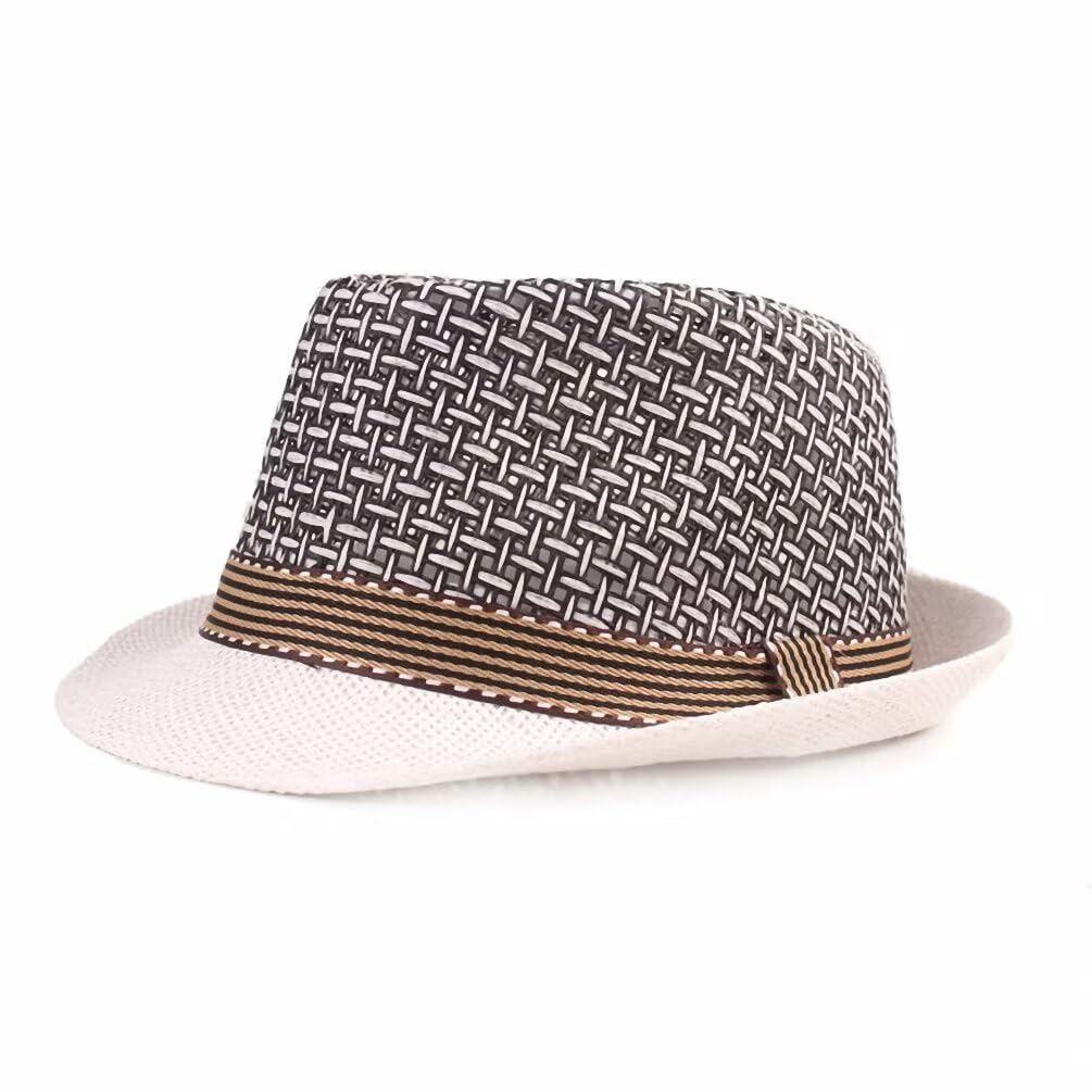 Plancholo Men's Grey Panama Fedora Straw Hat Outdoor Trilby Jazz Hat Travel Holiday Cap For
