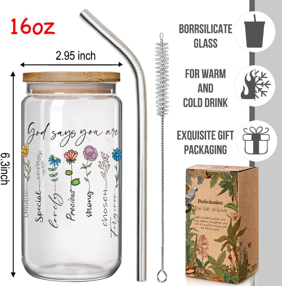 God Says You Are Glass Cup 16oz Christian Bible Verse Floral Christmas Gifts for Catholic Women, Inspirational Religious Gifts, Catholic Encouragement Birthday Gift for Sister Mom Friends Coworker - Image 6