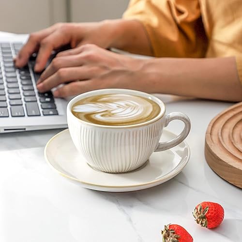 Miniatura 5 de HVH Juego de 6 tazas de capuchino de porcelana de 10 onzas con platillos, taza de café con leche y platillo, para café con leche, café moca,