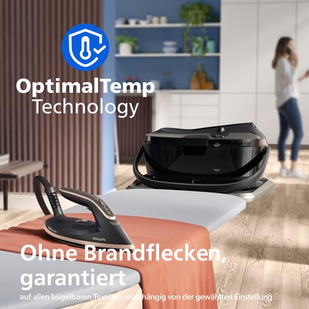 Philips PerfectCare 8000 Series Dampfbügelstation – 215g Dauerdampf, 750g Dampfstoss, Einfaches Tragen, OptimalTEMP, SteamGlide Elite, 1,4L, Easy De-Calc, Garantiert keine Brandflecken (PSG8200/80)