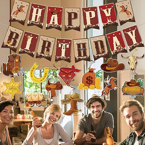 Image of Western Cowboy Birthday Party Decorations - NOVBAUB 29PCS Cowboy Theme Party Decorations Hanging Swirls Party Streamers Banner Western Rodeo Birthday Decor Supplies for Boys Men