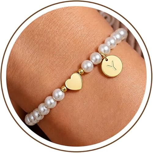 Gold Beaded Bracelets for Women - 14K Gold Plated Dainty Personalized Heart Initial Bracelet Adjustable Pearl Bracelets for Women Teen Girls Jewelry Birthday Bridesmaid Proposal Wedding Gifts