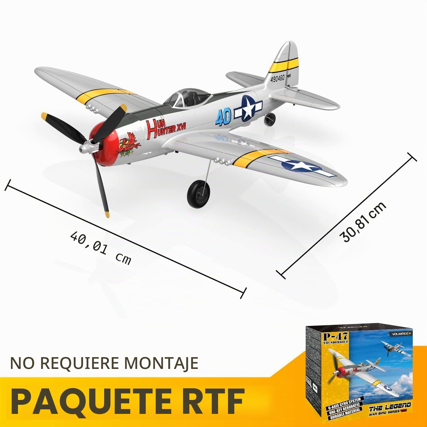 volantexrc P-47 Thunderbolt Avión RC - 4 Canales 2.4GHz RTF con Estabilización 6 Ejes, Modelo de Combate para Principiantes y Expertos (Listo para Volar)