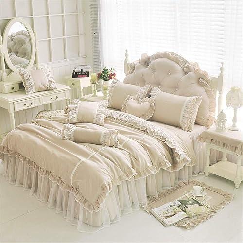 LELVA Chic Wrinkle Girls - Juego de funda de edredón de color sólido con volantes, tamaño individual XL, algodón, 4 piezas, diseño romántico de
