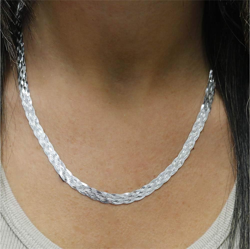 925 Sterling Silver Italian 6-Strand Diamond-Cut 6mm Braided Herringbone Chain Necklace, Bracelet for Women , Fancy Necklace, Strand Necklace, 7.5, 16, 18, 20, 22 Inch Silver-Gold- Rose Gold