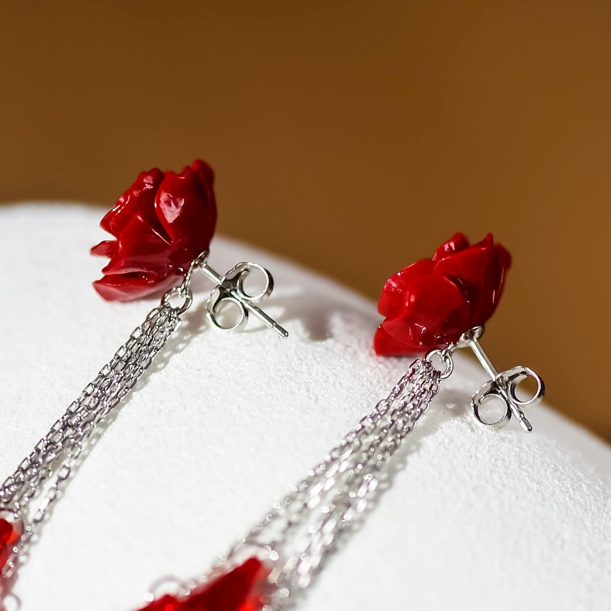 Red Rose Tassel Drop Earrings for Women, 925 Sterling Silver Long Dangle Earrings with Austrian Crystals, Boho Statement Floral Fringe Jewelry