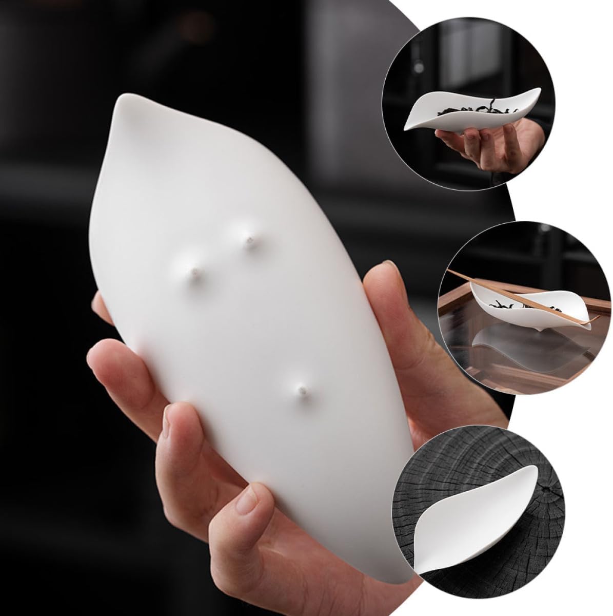 Homoyoyo Multi-function Ceramic Tea Scoop and Nonstick Teaspoon Set White Delicate Porcelain Tea Leaf Shovel with Decorative Holder for Home Serving and Brewing Accessories