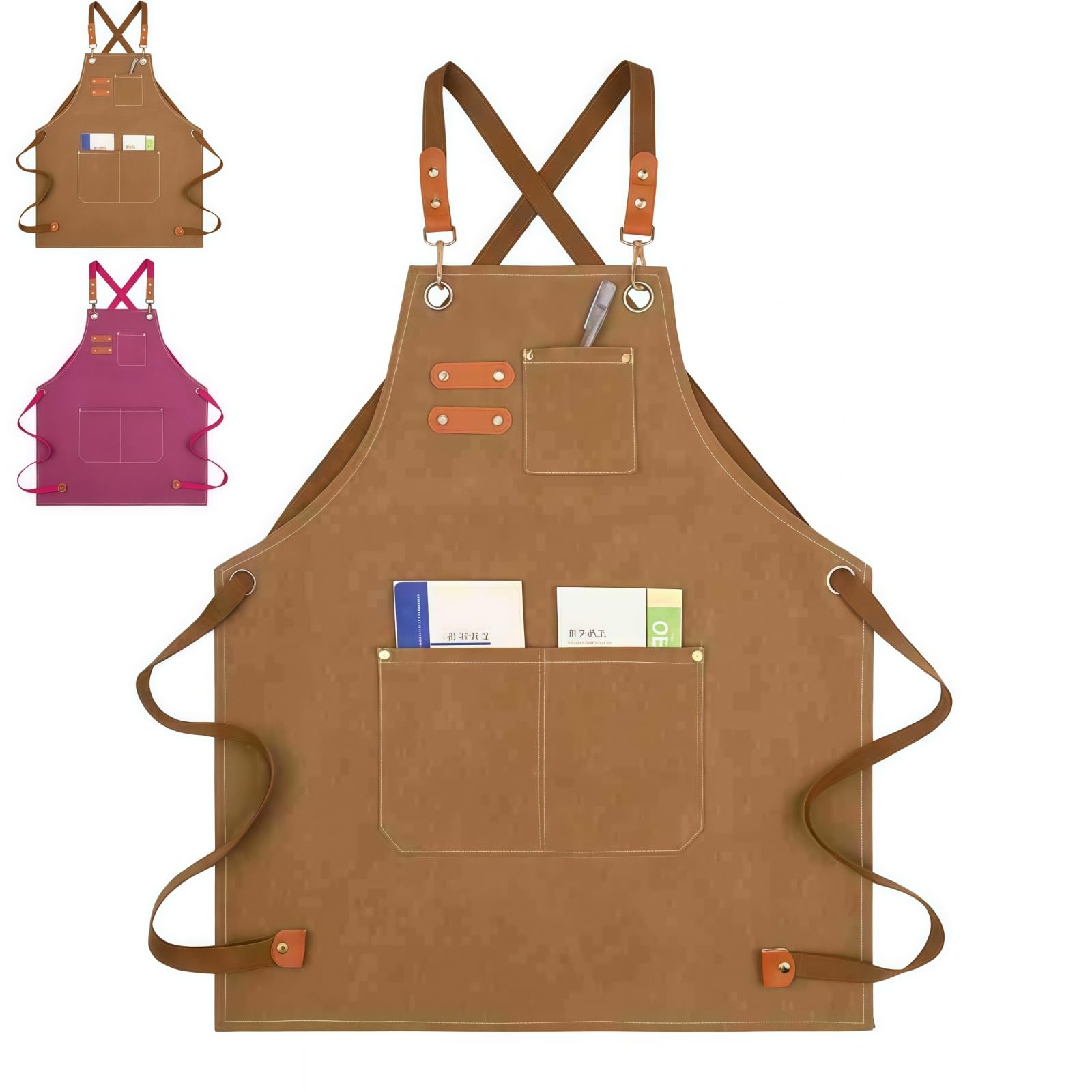 HUANYO Kids Aprons for Children 5-12 Years Old, Canvas Painting Apron with 3 Front Pockets for Cooking Baking Painting Craft and Gardening (brown)