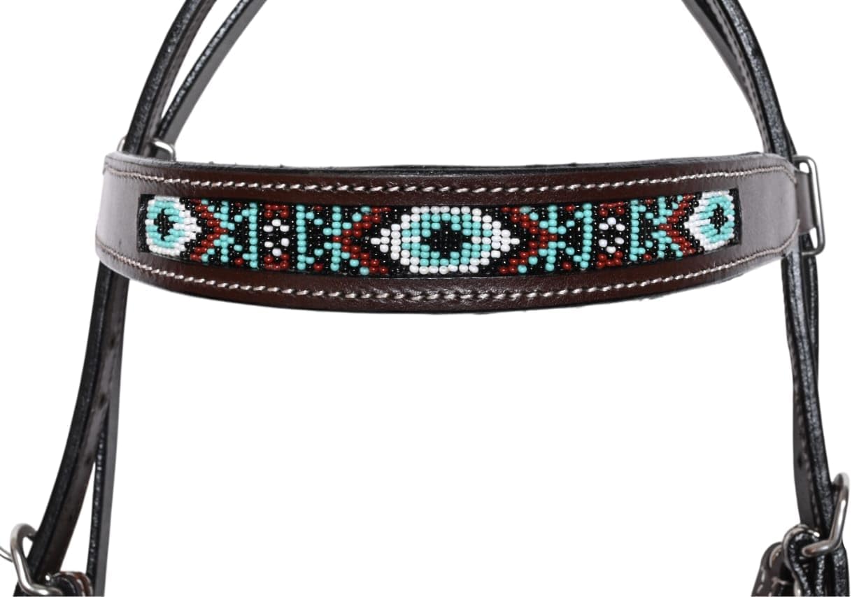 Western Horse Headstall with Beaded Browband – Premium Leather Bridle with Turquoise Aztec Beadwork, Adjustable Equestrian Tack for Barrel Racing, Trail Riding & Training