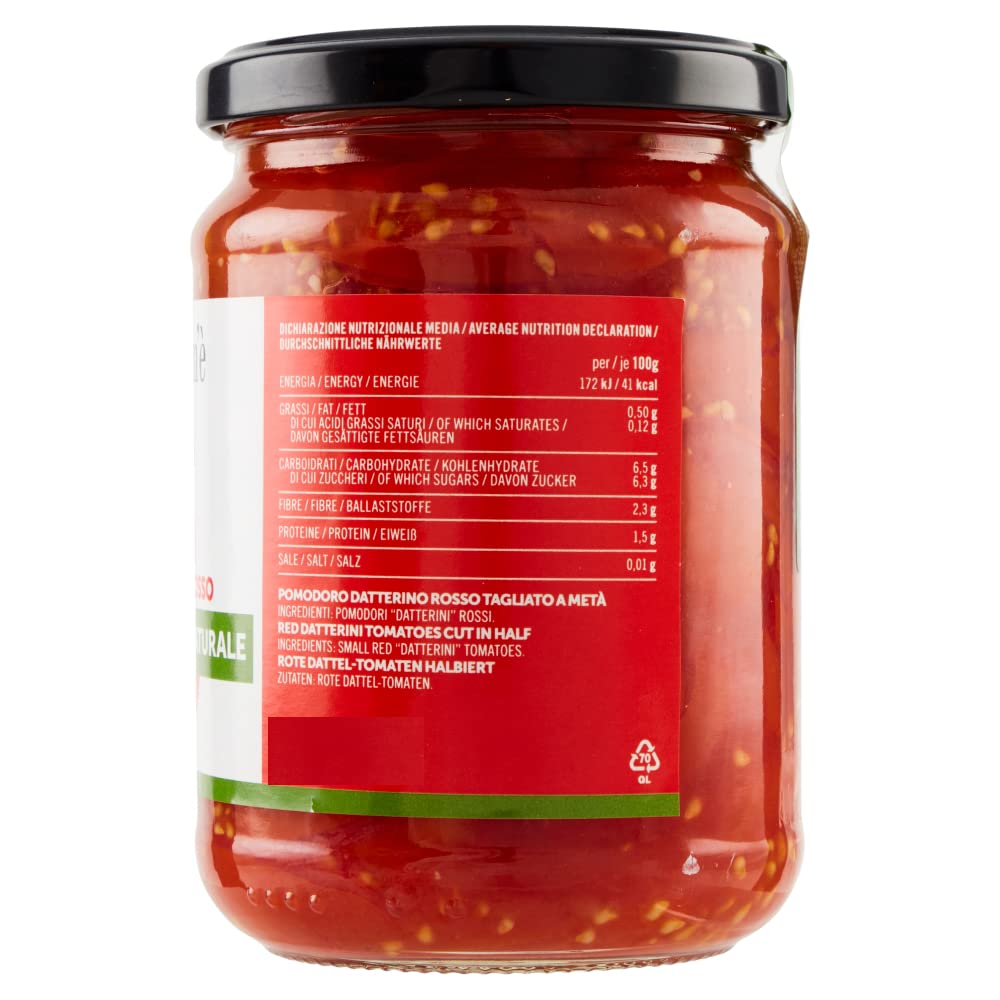 Così Com'è Datterino Rosso Dolcimetà al Naturale,Tomate rojo natural Datterino cortado a la mitad,Tomates italianos,540g Glass + Italian Gourmet Polpa di Pomodoro 400 g lata