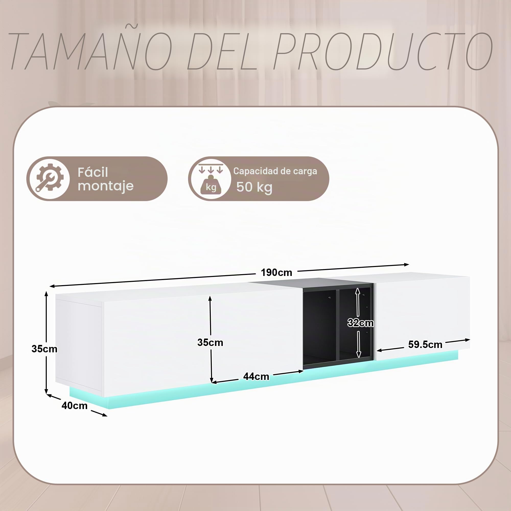 Azkoeesy Mueble de TV con iluminación LED de 190 cm, con cajón y puerta de armario, mueble de TV para salón, color blanco y negro (190 x 40 x 35 cm)