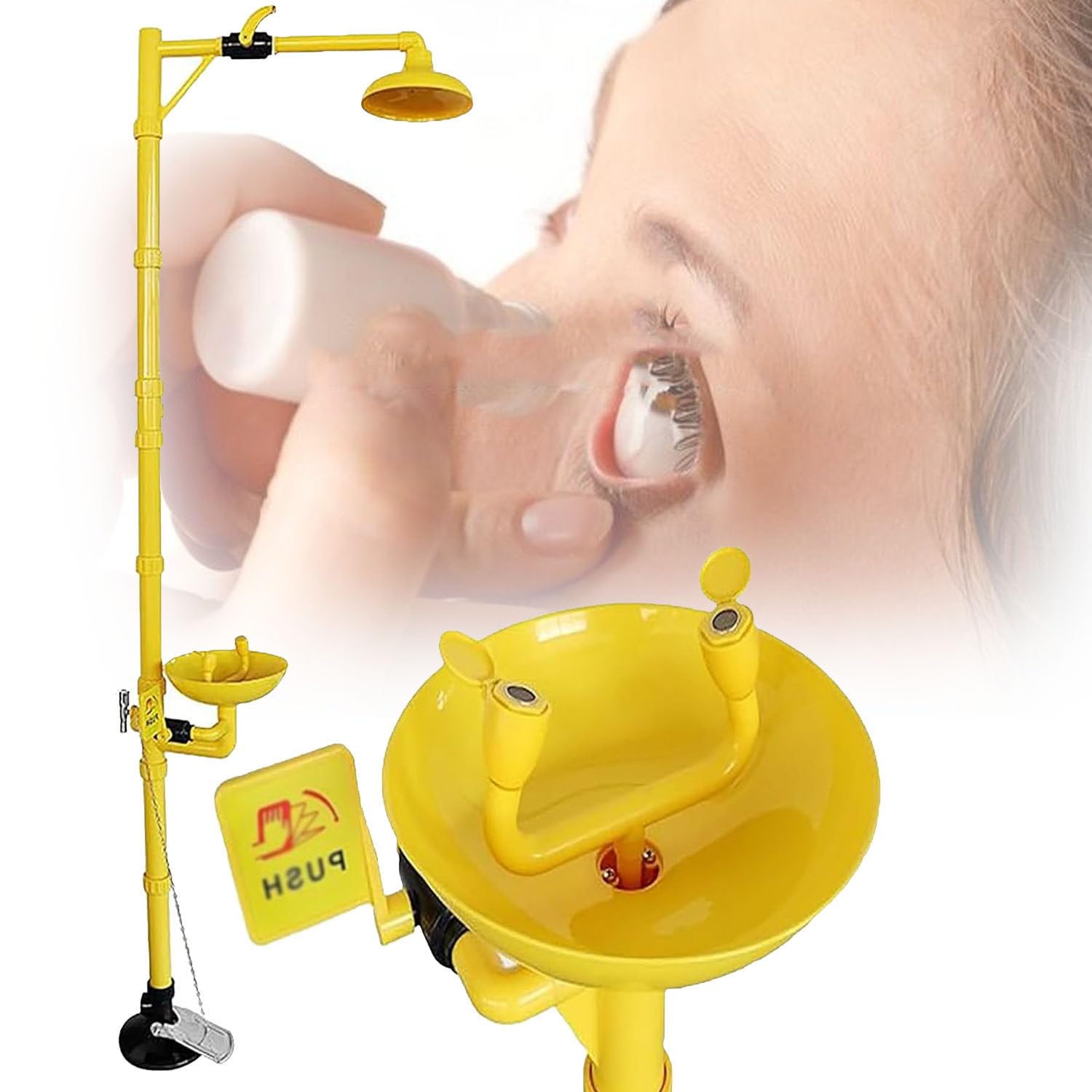 HTDRE Emergency Eyewash Station with Pedal, Combined Shower System, Stainless Steel, for Factory, Laboratory, Mechanical Engineering