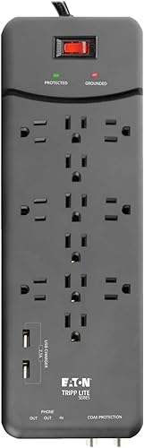 Miniatura 7 de Eaton Tripp Lite TLP128TTUSBB Protector de sobretensiones con puertos de carga USB, 2 puertos USB, 12 tomas de corriente, enchufe plano, cable de