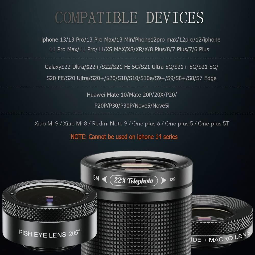 APEXEL Phone Lens Kits - 22x Teleobjektiv / 205° Fisheye-Objektiv / 120° Weitwinkelobjektiv / 20x Makroobjektiv/Stativ für iPhone Samsung, Huawei, Xiaomi und die meisten Anderen