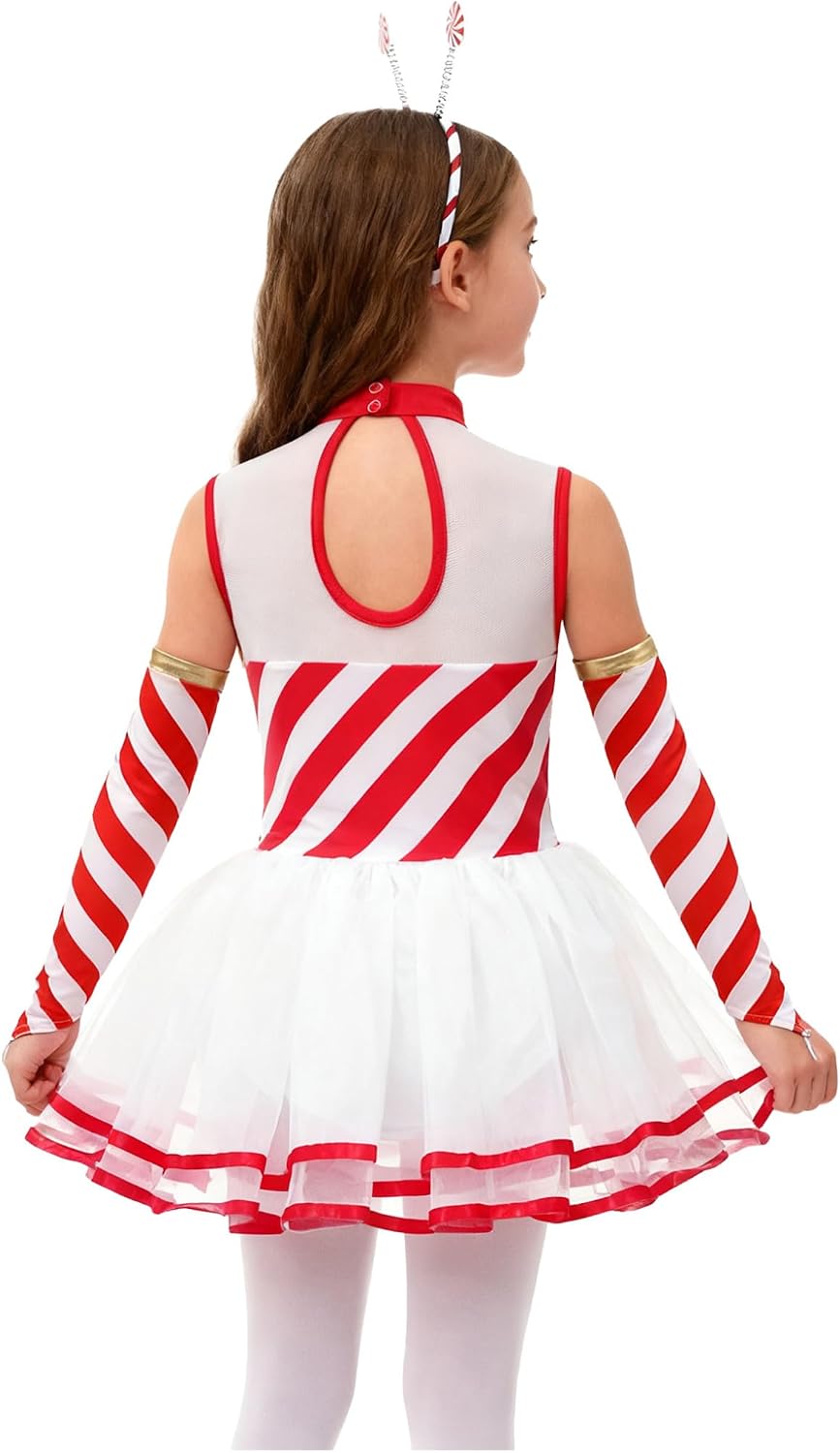 Hansber Girls Sleeveless Candy Cane Striped Dance Tutu Dress Christmas Party Dress with Oversleeves Hair Hoop