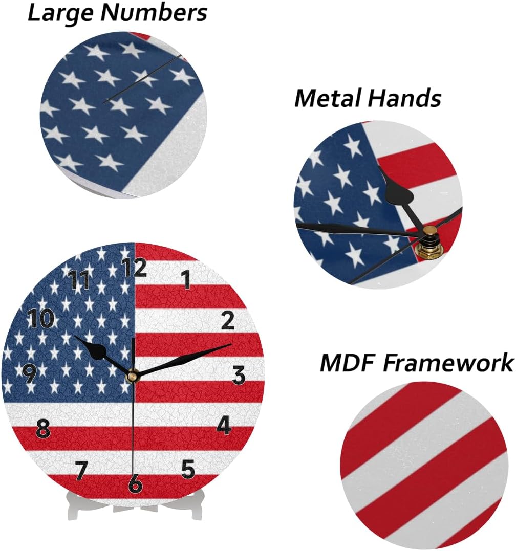 American Flag Wall Clock 12 Inch Silent Non-Ticking Battery Operated Quartz Modern Round Clock for Living Room Office Home Bedroom Kitchen Bathroom Classroom School