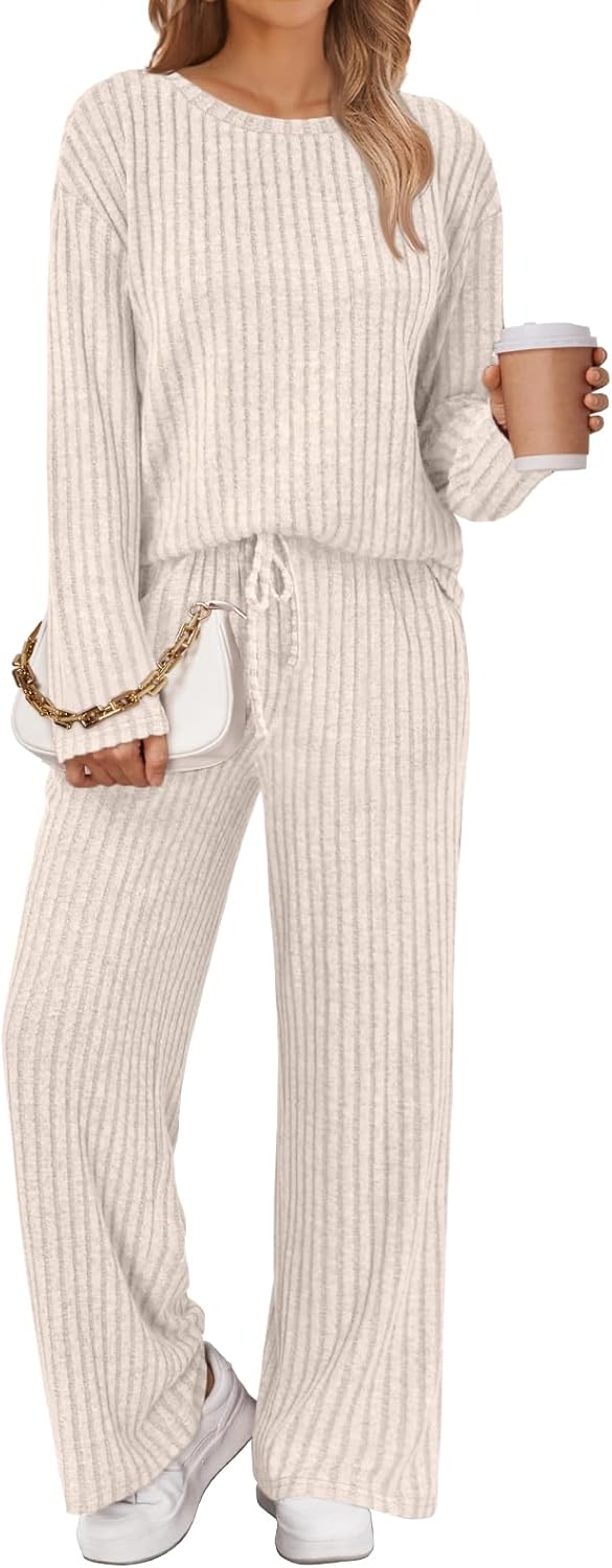 LILLUSORY Womens Lounge Sets 2 Piece Matching Pajamas Fall Fashion 2026 Ribbed Knit Outfits Long Sleeve Casual Sweatsuits