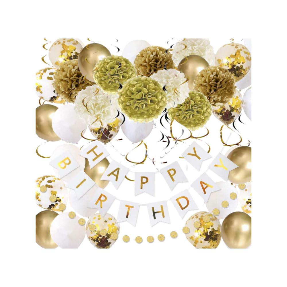 Premium Gold Happy Party Decorations Set - Banner, Paper Flowers, Confetti Metallic Latex Balloons, Hanging Swirls - Perfect for Kids, Girls, and Women's Party Décor