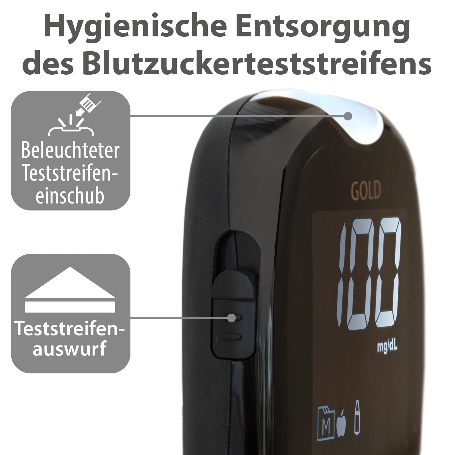 GlucoCheck GOLD Blutzuckermessgerät-Set (mg/dL) mit 60 Blutzuckerteststreifen, 10 Lanzetten, 1 Stechhilfe, 1 Etui, Sparset zur Blutzucker-Selbstkontrolle