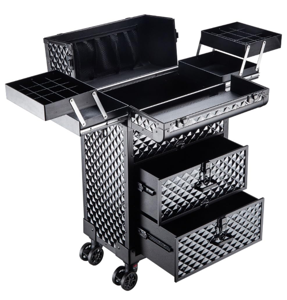Hair Salon Trolley Makeup Case Rolling Beauty Salon Cosmetic Storage For Artist Hairdressing Box Travelling Trolley With 2 Drawers Organization(A)