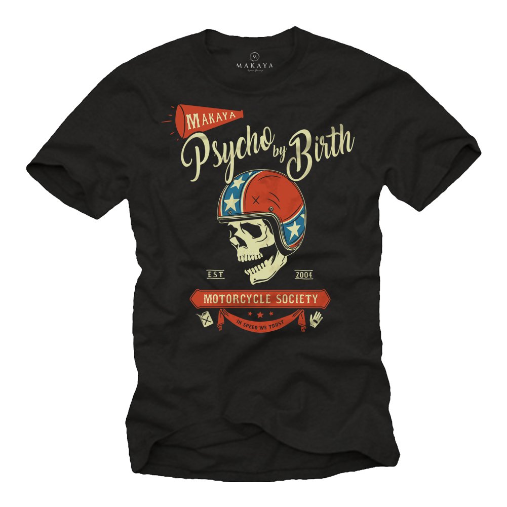 Makaya Men's Black Funny Biker T Shirt - Psycho By Birth - Motorbike Accessories For Xxl